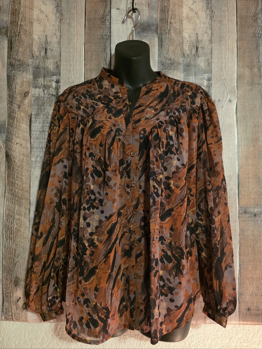*APRICOT* Burnt Orange and Black Abstract Print Button-Front Blouse